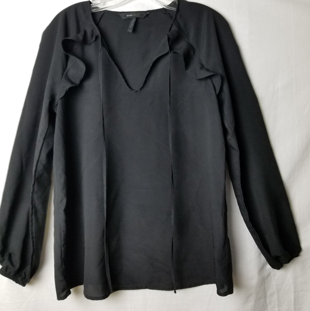 Bcbgmaxazria Black Ruffle V-neck Peasant Blouse Long Sleeve Size XS Relax Fit